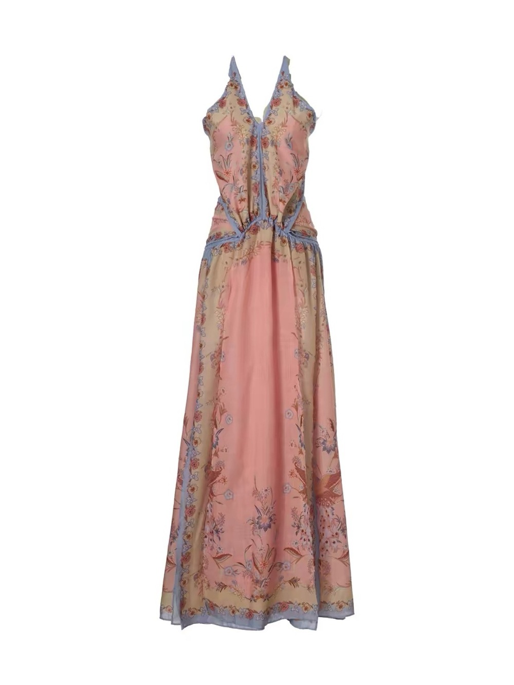 Designer-style Pink Floral Maxi Dress with Blue Trim